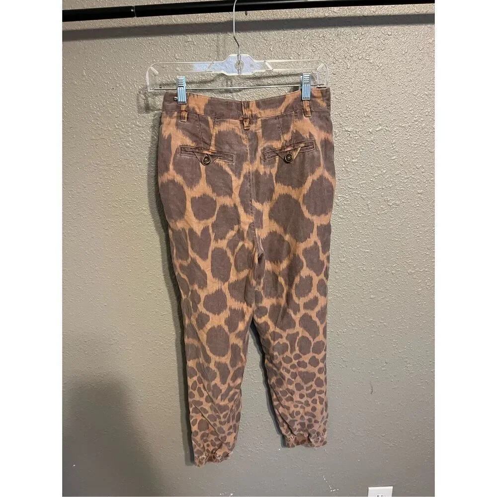 Anthropologie Brown Animal Print Joggers Women's Size 2 Linen Blend Zip Ankle